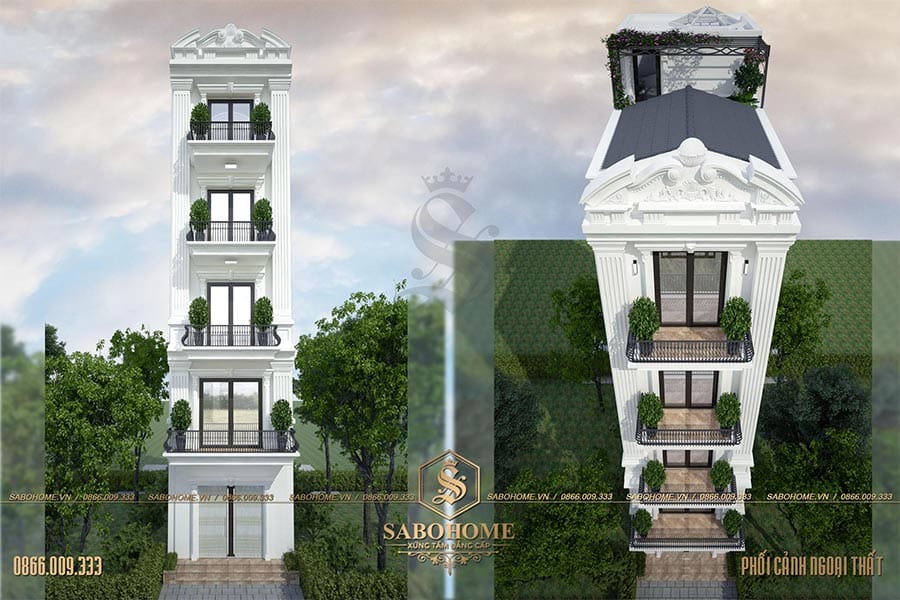 Mẫu thiết kế nhà phố 5 tầng kết hợp kinh doanh kiểu pháp - BT1962