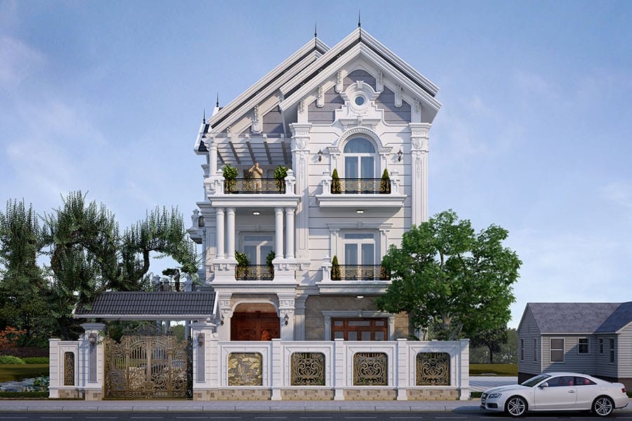 Mẫu biệt thự vườn 3 tầng 2 mặt tiền mái thái phong cách tân cổ điển đẹp - BT1938