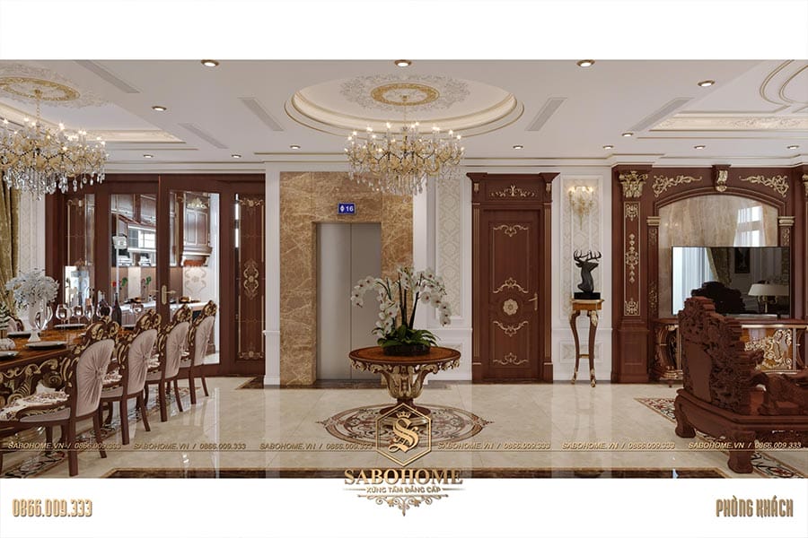 Thiết kế nội thất phòng khách và bếp ăn của biệt thự tân cổ điển NTBT2068